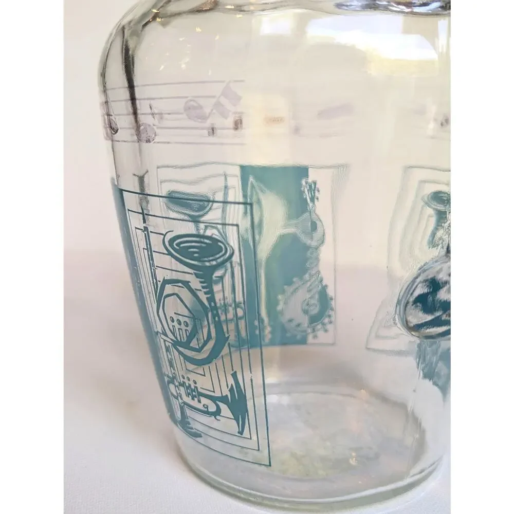 Vintage 1950s MCM Glass Barware Pitcher with Aqua Musical Instruments & Notes